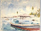 a watercolor painting of a boat in the water