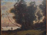 une peinture à l'huile représentant un homme en train de pêcher au bord d'une rivière bordée d'arbres