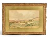 a painting of a landscape with hills and trees in a gold frame