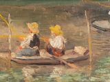 un tableau représentant un groupe de personnes sur un petit bateau