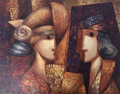 un tableau représentant deux femmes qui se regardent