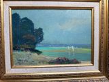 une image d'une peinture représentant une scène de plage avec un bateau dans l'eau