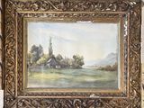 an oil painting of a farm scene with a barn in the distance