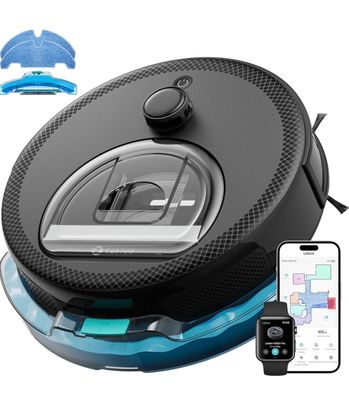 an image of a black and blue robotic vacuum cleaner with a remote control