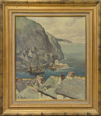 an image of a painting of a harbor scene with a boat in the water