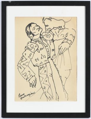 une image représentant un dessin d'un homme en costume et d'une femme en robe