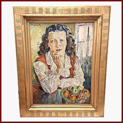 tableau représentant une femme assise à une table, avec un bol de fruits devant elle