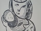 an ink drawing of a woman holding a baby in her arms