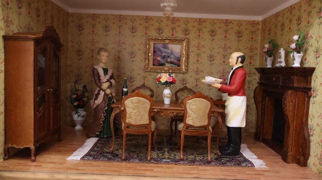 Diorama. Composition miniature, dans une vitrine en bois, vitre e...