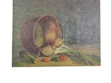 une image représentant une peinture d'un seau rempli de nourriture posé sur une table
