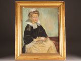 painting of a woman in a black dress sitting on a couch