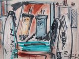 a drawing of a man standing in a room with a surfboard