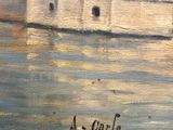 an oil painting of a castle on a body of water with a boat in the background