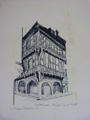 dessin représentant un vieux bâtiment surmonté d'une horloge