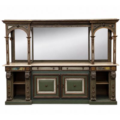 a large wooden cabinet with a mirror on top of it