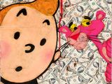 a picture of a painting of a boy and a cat on a pile of money