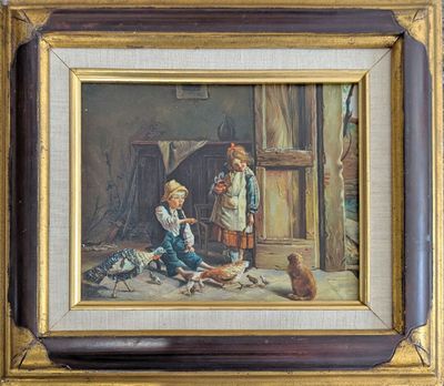 une image représentant un tableau où l'on voit deux enfants et un chien dans une grange