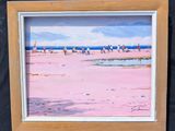 painting of a beach scene with people walking on the sand