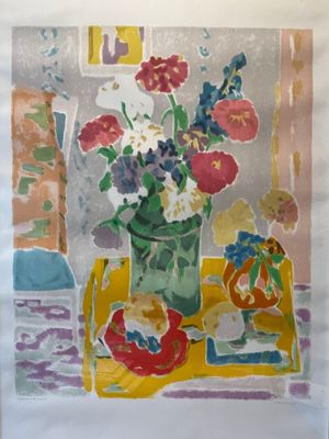 a painting of flowers in a vase on a table