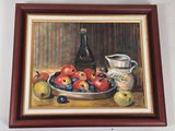 painting of a bowl of fruit and a jug of wine on a table
