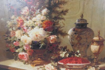 a painting of a vase of flowers and a bowl of strawberries