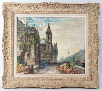 peinture d'une scène de rue avec une église à l'arrière-plan