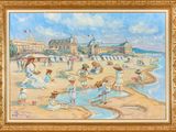 an oil painting of a beach scene with people on the sand and a building in the background