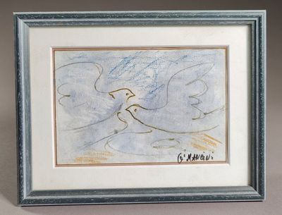 tableau représentant un oiseau volant dans le ciel sur fond bleu