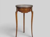 a small wooden table with a metal top on a white background