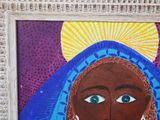 a picture of a painting of a woman with a sun in the background