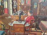 a painting of a woman sitting at a desk in a room