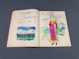 un livre ouvert sur lequel figure le dessin d'une femme en robe rose