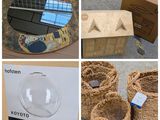 several pictures of a variety of items that include baskets, boxes, and a glass bowl