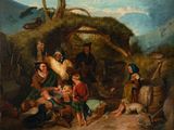 painting of a group of people sitting around a campfire in a mountainous landscape