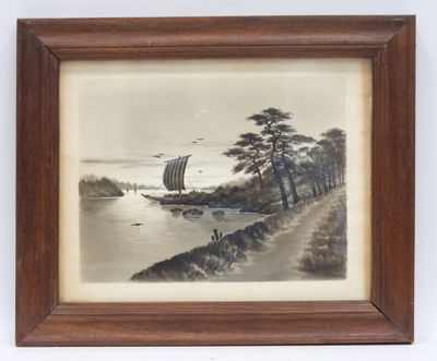 an old picture of a boat on the water with trees in the background