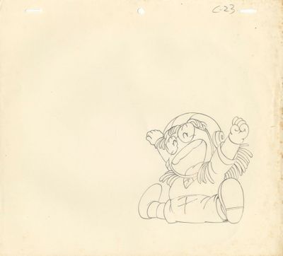 un vieux dessin représentant un personnage de dessin animé assis par terre