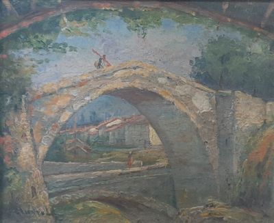 a painting of a bridge over a river with a man on it