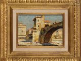 une peinture à l'huile représentant un pont sur une rivière avec un bâtiment à l'arrière-plan