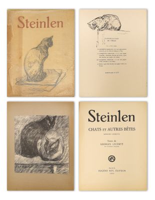 quatre livres contenant des dessins de chats et un chat assis sur une table