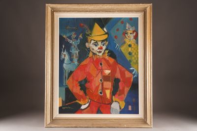 an image of a painting of a clown with a parrot on his shoulder