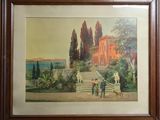 tableau encadré représentant un homme et une femme devant un bâtiment