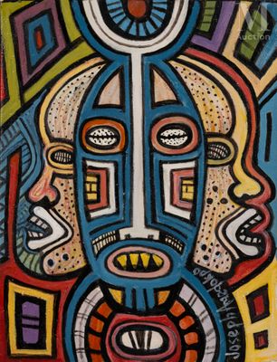 painting of a man ' s face with many different colors and shapes