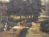 a painting of people and animals on a dirt road