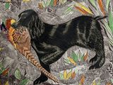 a plate with a dog and a pheasant on it