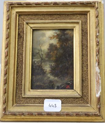 un tableau représentant un paysage boisé avec une rivière au premier plan