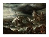 une image représentant un tableau de bateaux naviguant dans une mer agitée près de rochers