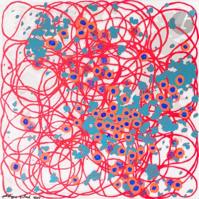 a painting of a red and blue flower with blue dots on it