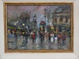 an oil painting of a city street scene with people walking in the rain