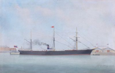tableau représentant un bateau sur un plan d'eau, avec un bâtiment en arrière-plan