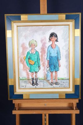 un tableau représentant deux enfants debout l'un à côté de l'autre devant un chevalet